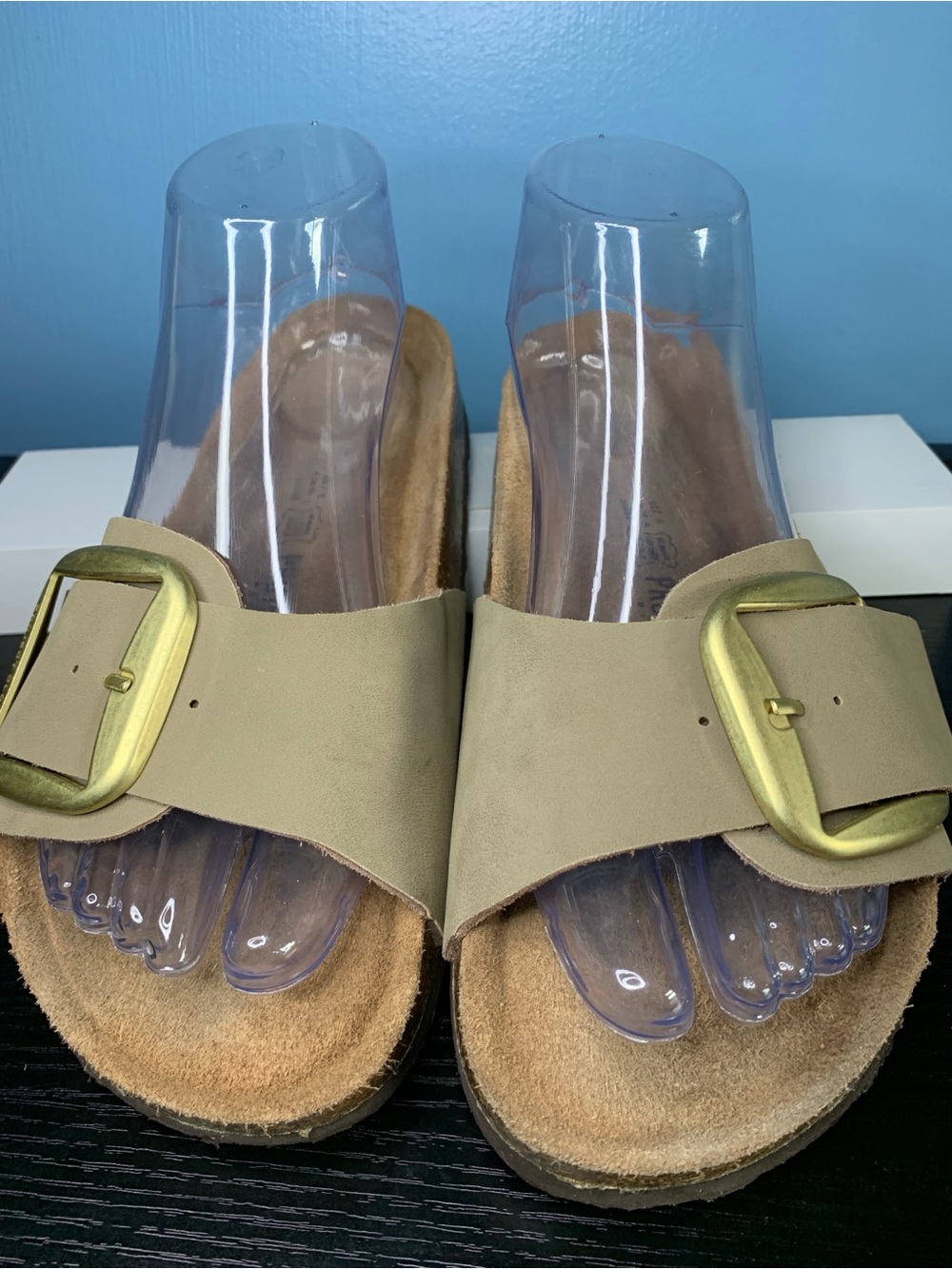 Project Cloud Taupe Sandals with Gold Buckle